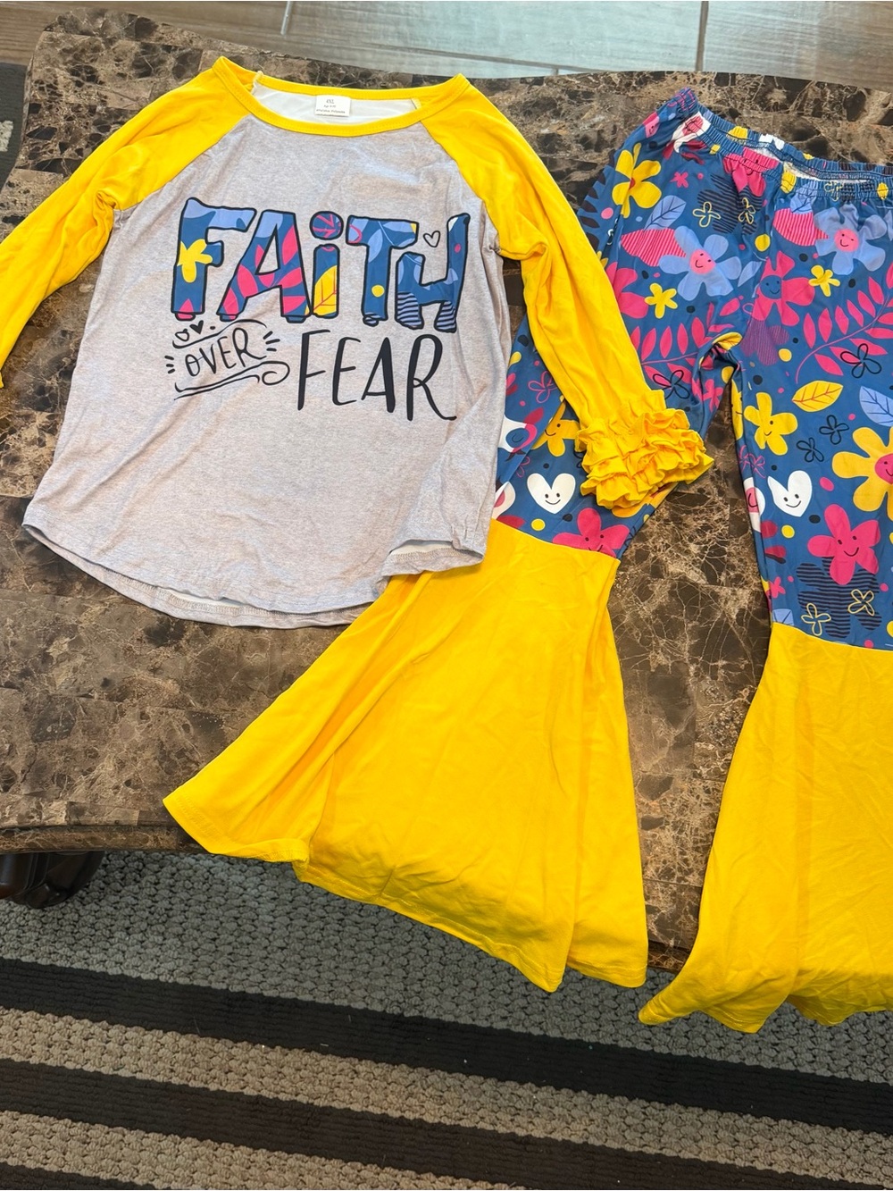 Girls Yellow & Gray 'Faith Over Fear' Dance Set with Floral Bell-Bottoms